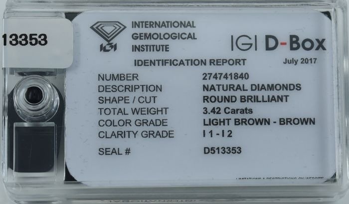 84 pcs Diamant  (Naturfarvet)  - 342 ct - Rund - Light Brun - I1 I2 - International Gemological Institute (IGI) - Forseglede æske diamanter