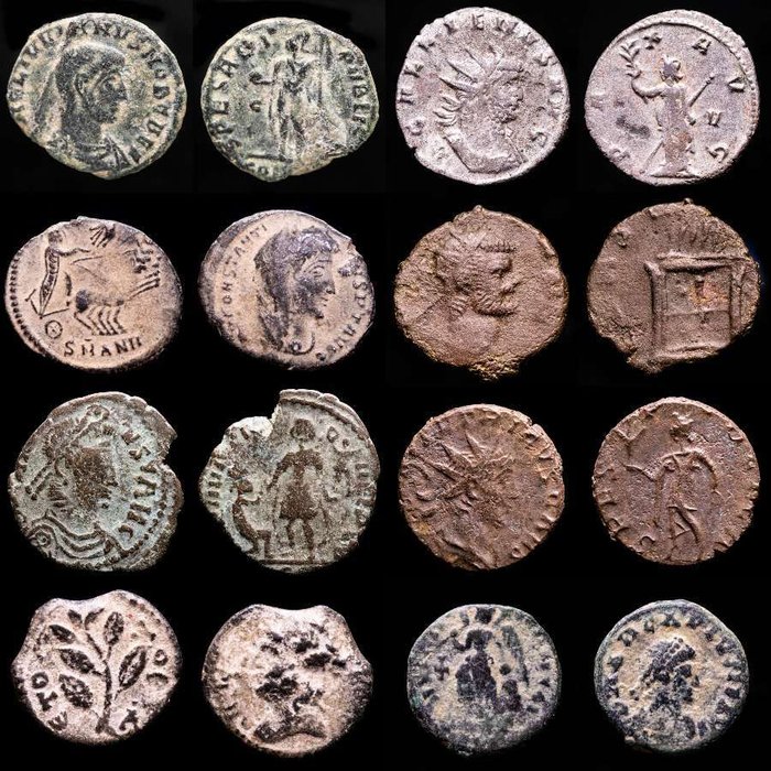 Romarriket. Nero, Galienus, Claudius II, Tetricus II, Constantine I, Julian II, Gratian and Arcadius. Antoninianus, Follis, Maiorinas. Lot comprising eight (8) coins: III-IV centuries AD.  (Ingen mindstepris)