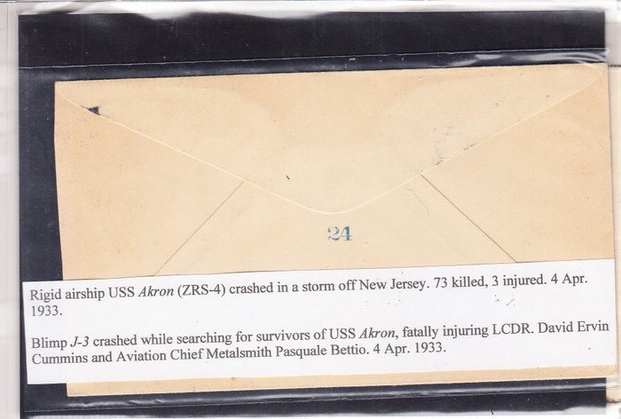 Förenta staterna 1933 - Sørgekonvolut til minde om chefmetalarbejderen Pasquale Bettio fra det faldne USS Akron Airship - Scott diversi numeri