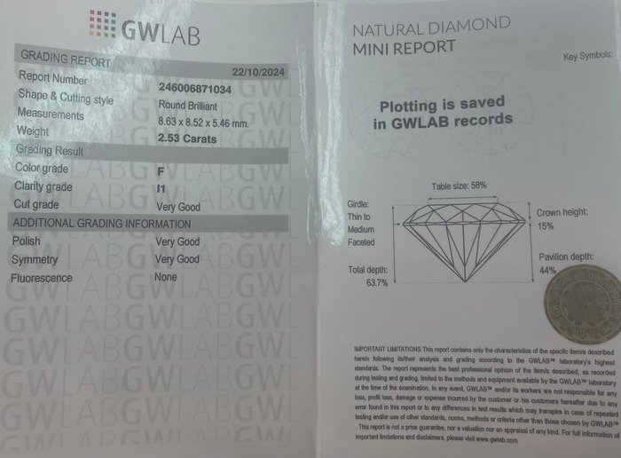 Ingen mindstepris - 1 pcs Diamant  (Natur)  - 2.53 ct - Rund - F - I1 - Gemewizard Gemological Laboratory (GWLab)