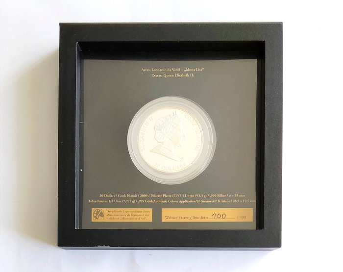 Cook-øerne. 20 Dollars 2009 Mona Lisa, 3 Oz (.999) Proof