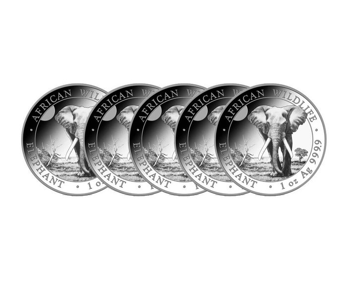 Somalia. 5 x 1 oz 2025 African Wildlife – Elephant Silver Coin BU