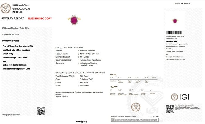 Ring - 18 kraat Rosaguld -  5.50ct. tw. Rubin - Diamant