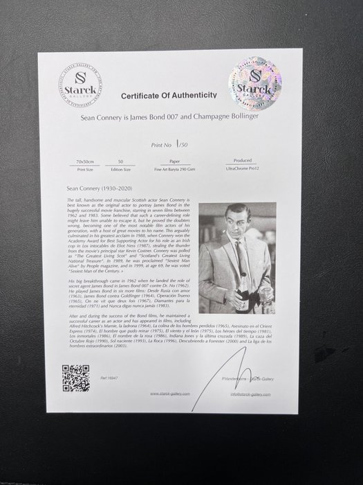 James Bond, - Sean Connery is James Bond 007 - Fine Art Photography - Luxury Wooden Framed 70X50 cm - Limited Edition Nr 09 of 50 - Serial ID 16947 - Original Certificate (COA), Hologram Logo Editor and QR Code - 100% New items.