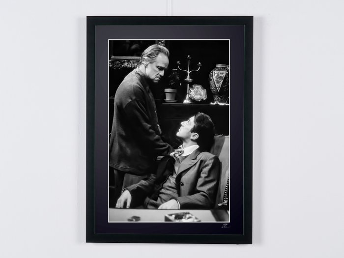 The Godfather, Marlon Brando as "Don Vito Corleone"  Al Pacino as Michael Corleone" - Fine Art Photography - Luxury Wooden Framed 70X50 cm - Limited Edition Nr 03 of 30 - Serial ID 60050 - Original Certificate (COA), Hologram Logo Editor and QR Code - 100% New items.