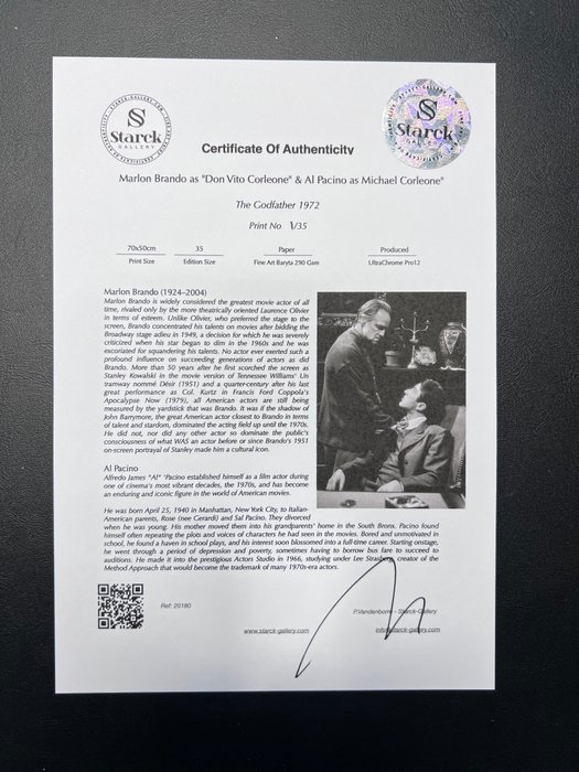 The Godfather, Marlon Brando as "Don Vito Corleone"  Al Pacino as Michael Corleone" - Fine Art Photography - Luxury Wooden Framed 70X50 cm - Limited Edition Nr 03 of 30 - Serial ID 60050 - Original Certificate (COA), Hologram Logo Editor and QR Code - 100% New items.