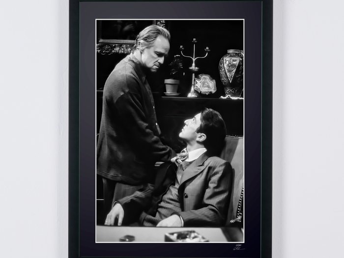 The Godfather, Marlon Brando as "Don Vito Corleone"  Al Pacino as Michael Corleone" - Fine Art Photography - Luxury Wooden Framed 70X50 cm - Limited Edition Nr 03 of 30 - Serial ID 60050 - Original Certificate (COA), Hologram Logo Editor and QR Code - 100% New items.