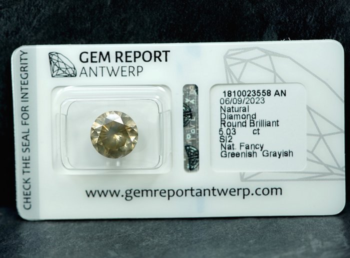 1 pcs Diamant  (Naturfarvet)  - 5.03 ct - Fancy Grålig, Grønlig Gul - SI2 - Gem Report Antwerp (GRA)