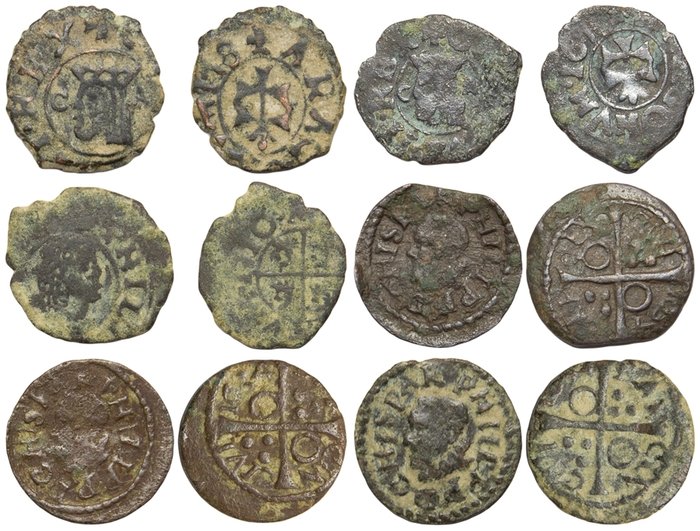 . Carlos II de Zaragoza, Felipe V de Zaragoza y Felipe IV de Barcelona. Lote de 6 Monedas Acuñadas en Zaragoza y Barcelona  (Ingen mindstepris)