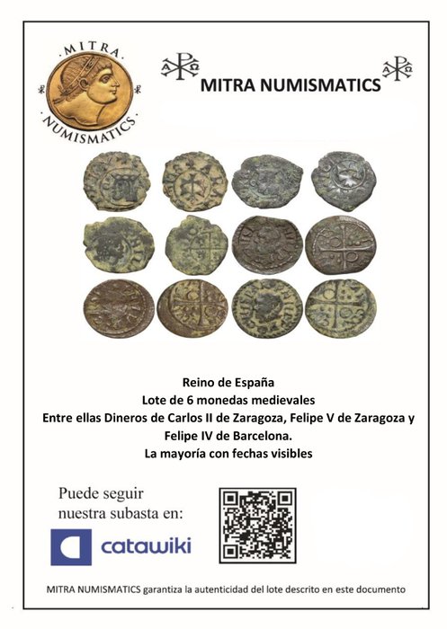 . Carlos II de Zaragoza, Felipe V de Zaragoza y Felipe IV de Barcelona. Lote de 6 Monedas Acuñadas en Zaragoza y Barcelona  (Ingen mindstepris)