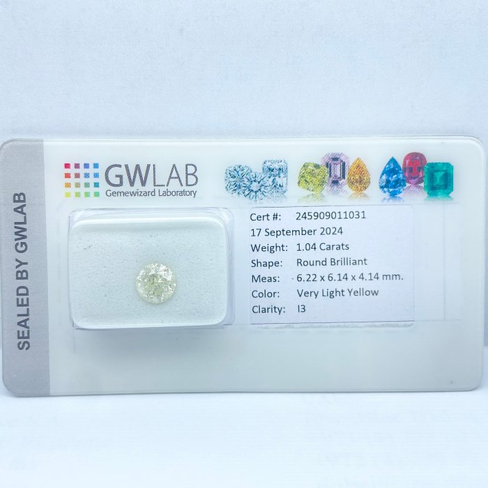 Ingen mindstepris - 1 pcs Diamant  (Naturfarvet)  - 1.04 ct - Rund - Very light Gul - I3 - Gemewizard Gemological Laboratory (GWLab)