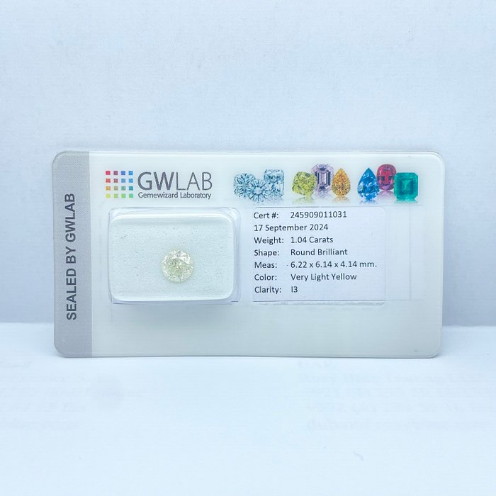 Ingen mindstepris - 1 pcs Diamant  (Naturfarvet)  - 1.04 ct - Rund - Very light Gul - I3 - Gemewizard Gemological Laboratory (GWLab)