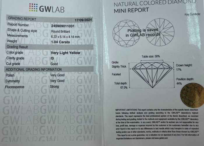 Ingen mindstepris - 1 pcs Diamant  (Naturfarvet)  - 1.04 ct - Rund - Very light Gul - I3 - Gemewizard Gemological Laboratory (GWLab)