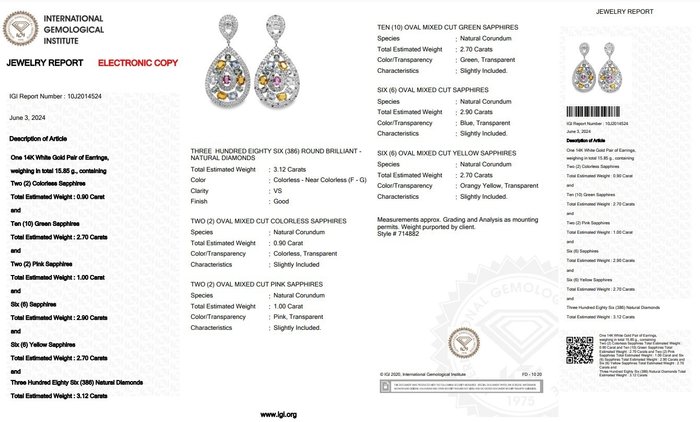 Øreringe - 14 karat Hvidguld -  13.32ct. tw. Safir - Diamant - en af slagsen