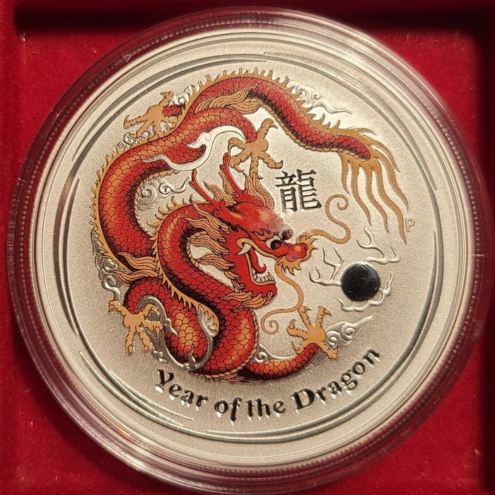 Australien. 1 Dollar 2012 Lunar II Dragon color red, 1 Oz .999  (Ingen mindstepris)