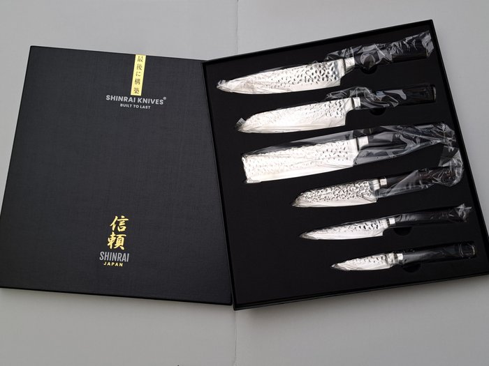 Shinrai Japan - 6 Piece professional knives set - Hammered Steel - Pakka Wood - Køkkenkniv - Rustfrit stål - Japan