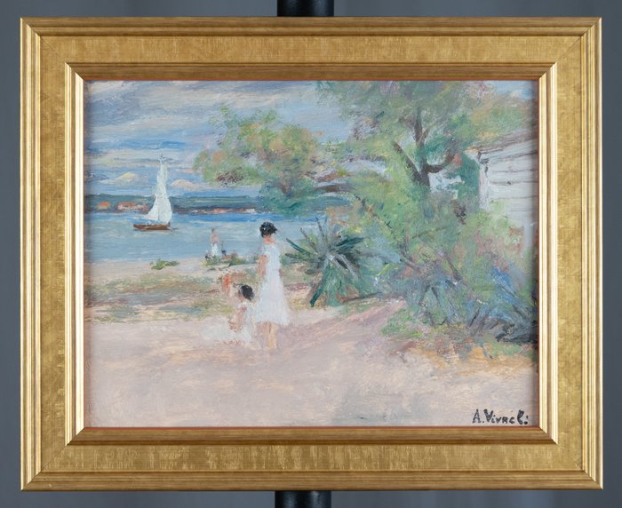 André-Léon Vivrel (1886-1976) - Mère et enfant en bord de mer