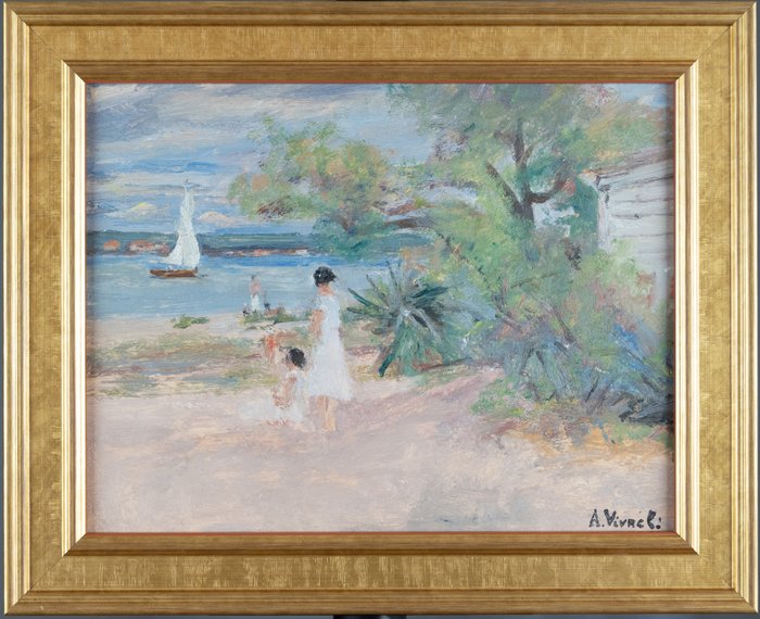 André-Léon Vivrel (1886-1976) - Mère et enfant en bord de mer