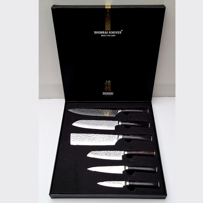 Shinrai Japan - 6 Piece professional knives set - Hammered Steel - Pakka Wood - Køkkenkniv - Rustfrit stål - Japan