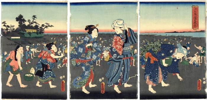 'Shio higata iyayoi fūkei' 汐干潟弥生風景 (Shell gathering on the third month) - 1855 - Utagawa Kunisada (1785-1865) - Japan -  Sene Edo-periode