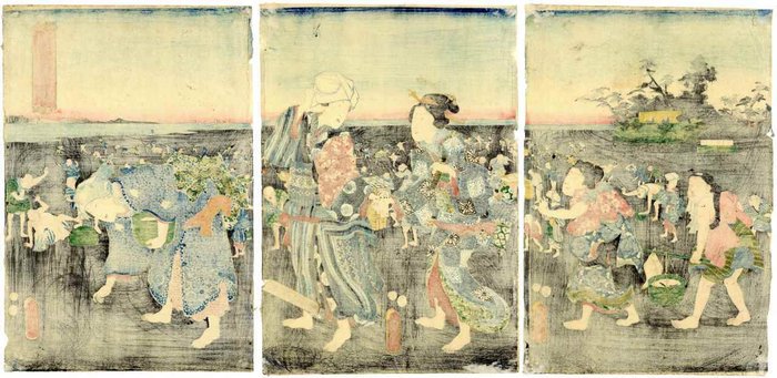 'Shio higata iyayoi fūkei' 汐干潟弥生風景 (Shell gathering on the third month) - 1855 - Utagawa Kunisada (1785-1865) - Japan -  Sene Edo-periode