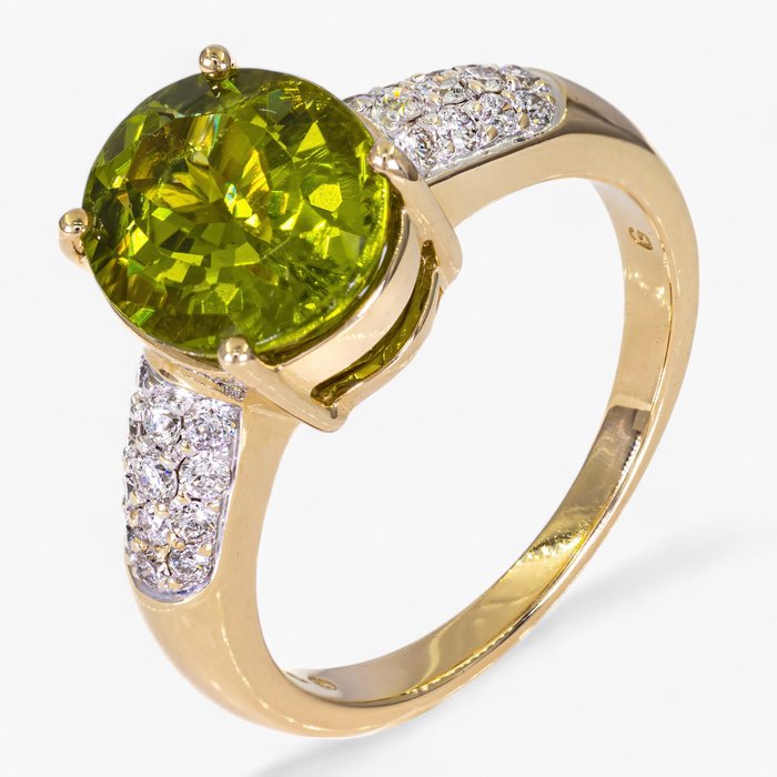 Ingen mindstepris - Ring - 14 karat Gulguld, IGI Antwerpen certificeret - 0,40 ct diamanter - 4,00 ct peridot -  4.40ct. tw. Diamant (Natur) - Peridot