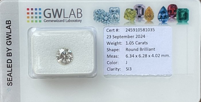 Ingen mindstepris - 1 pcs Diamant  (Natur)  - 1.05 ct - Rund - J - SI3 - Gemewizard Gemological Laboratory (GWLab)