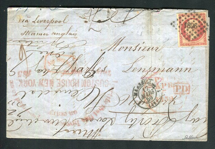 Frankrig 1859 - brev fra Marseille til New York med et n° 17A - Custom House Red Stamp