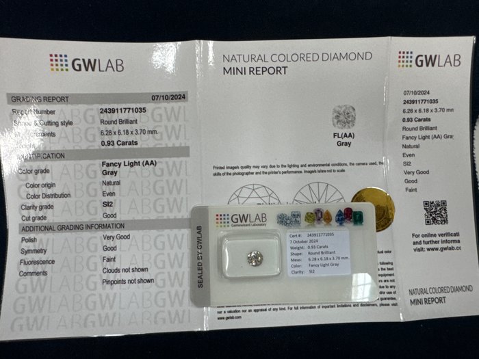 Ingen mindstepris - 1 pcs Diamant  (Naturfarvet)  - 0.93 ct - Rund - Fancy light Grå - SI2 - Gemewizard Gemological Laboratory (GWLab)