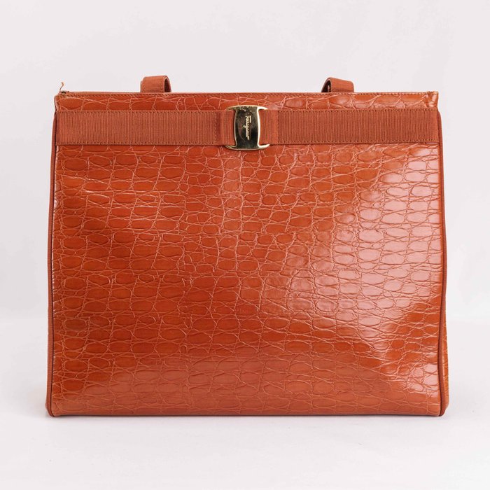 Salvatore Ferragamo - Brown Leather Crocodile Tote Bag - Skuldertaske