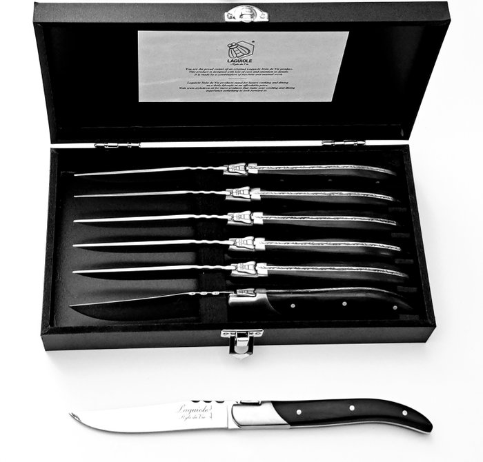 Laguiole - 6x Luxury Steak Knives - Black Ebony Wood - style de - Bordknive sæt (6) - Rustfrit stål