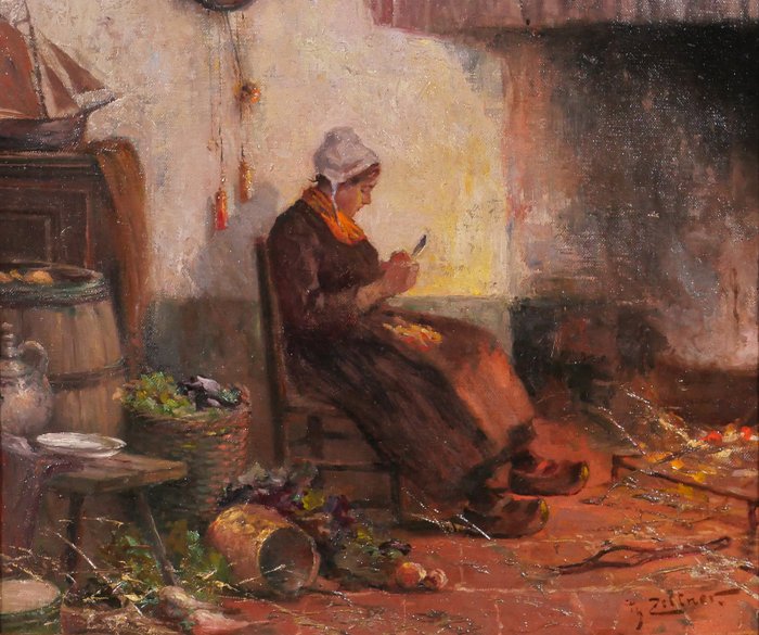 Philipp Zeltner (1865-1946) - Woman in her kitchen, fire light effect