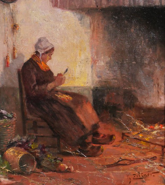 Philipp Zeltner (1865-1946) - Woman in her kitchen, fire light effect