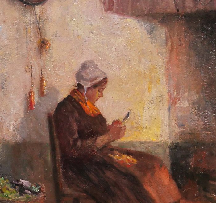 Philipp Zeltner (1865-1946) - Woman in her kitchen, fire light effect