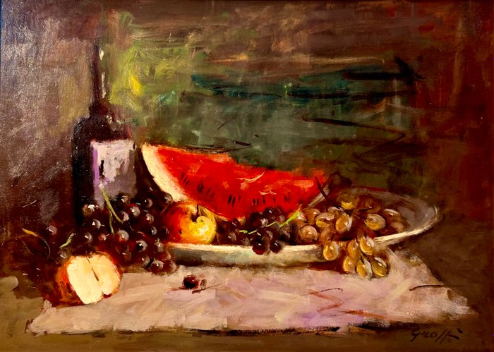 Enrico Groppi (1911-1972) - Composizione di frutta con vino e anguria - NO RESERVE