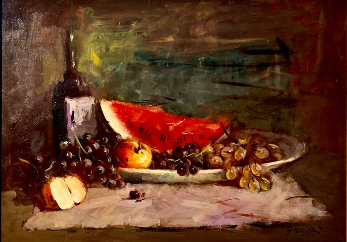 Enrico Groppi (1911-1972) - Composizione di frutta con vino e anguria - NO RESERVE