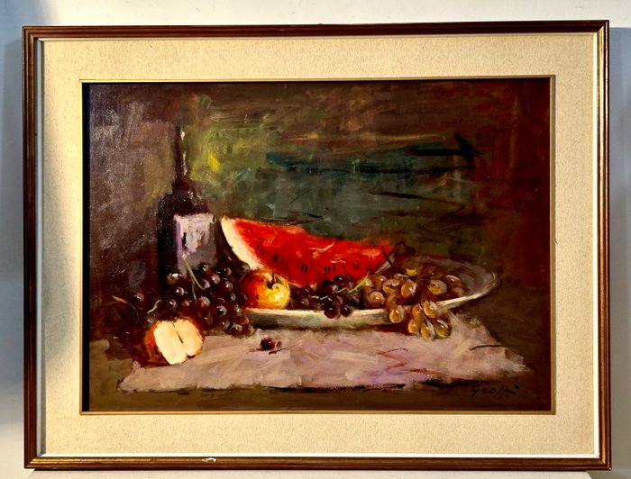 Enrico Groppi (1911-1972) - Composizione di frutta con vino e anguria - NO RESERVE