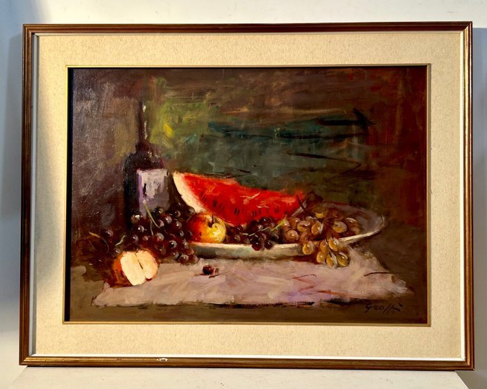 Enrico Groppi (1911-1972) - Composizione di frutta con vino e anguria - NO RESERVE