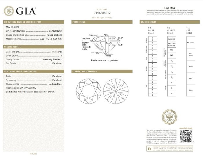 1 pcs Diamant  (Natur)  - 151 ct - Rund - I - IF - Gemological Institute of America (GIA)