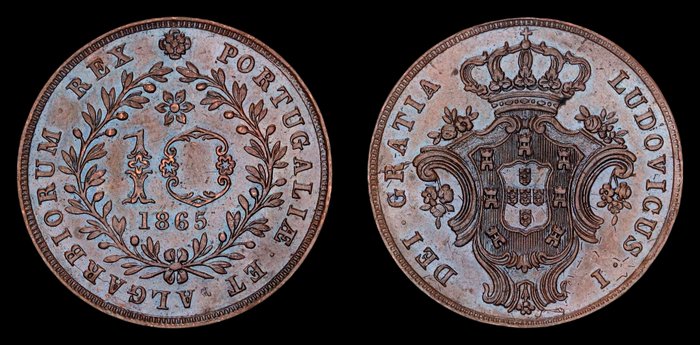 Azores, Portugal. D. Luís I (1861-1889). 10 Reis 1865  (Ingen mindstepris)