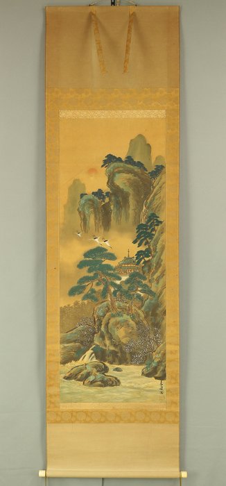 Mount Horai Sansui Landscape Pine Bamboo Plum Castle Rising Sun Turtles Cranes - with signature 'Oko Sha' 王淏 写 and seal 'Oko' 王淏 - Japan  (Ingen mindstepris)