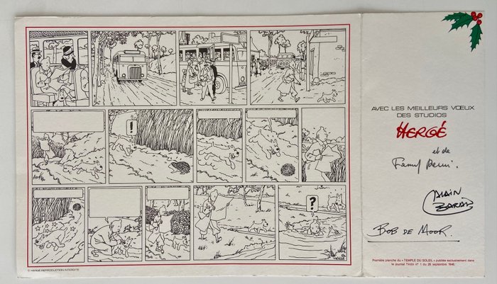 Hergé - 1 Lykønskningskort 1986 - Tintin - Signée par Bob De Moor + Fanny Rémi + Alain Baran - 1985