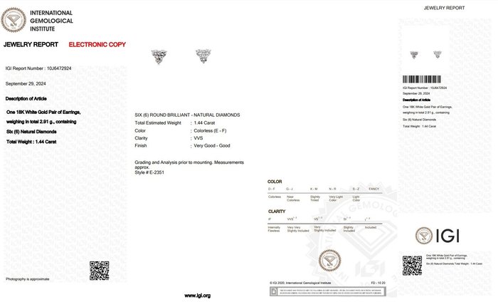 Øreringe - 18 kraat Hvidguld -  1.44ct. tw. Diamant (Natur)