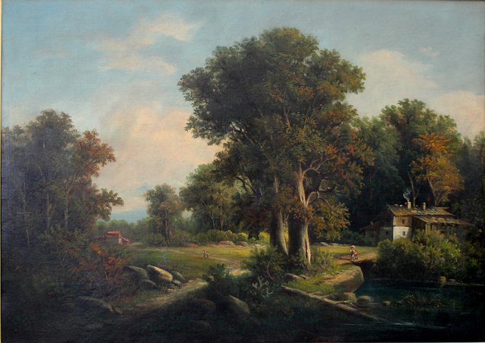 Austrian landscape painter, middle of XIX century - Forest landscape with farmer houses and figures