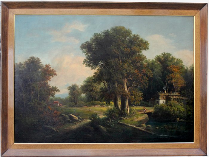 Austrian landscape painter, middle of XIX century - Forest landscape with farmer houses and figures