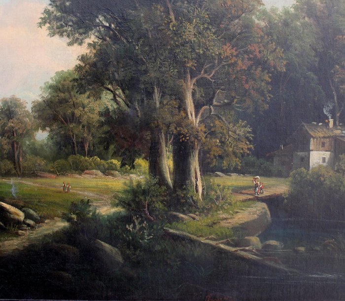 Austrian landscape painter, middle of XIX century - Forest landscape with farmer houses and figures