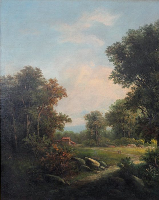 Austrian landscape painter, middle of XIX century - Forest landscape with farmer houses and figures