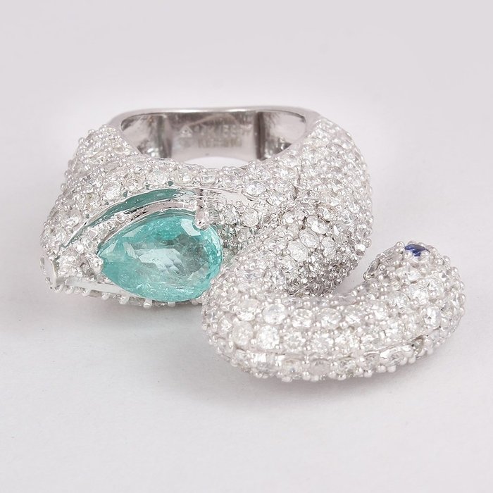 Cocktailring - 14 karat Hvidguld -  16.75ct. tw. Turmalin paraiba - Diamant - Paraiba turmalin ring