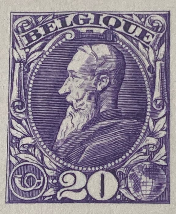 Belgien 1887 - Lille gravering på tykt hvidt papir - Ikke accepteret design 'Leopold II' - Bevis for matricen - Stes 2094 - 20c violet