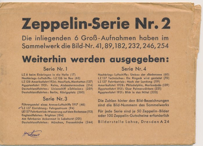 Tyske imperium - Zeppelin  - 5 billeder i ægte bromsølv i stort format fra "Zeppelin Series No. 2" med kuvert - Rückseitig mit Zudruck " Groß-Aufnahme aus der Serie Zeppelin Weltfahrten"